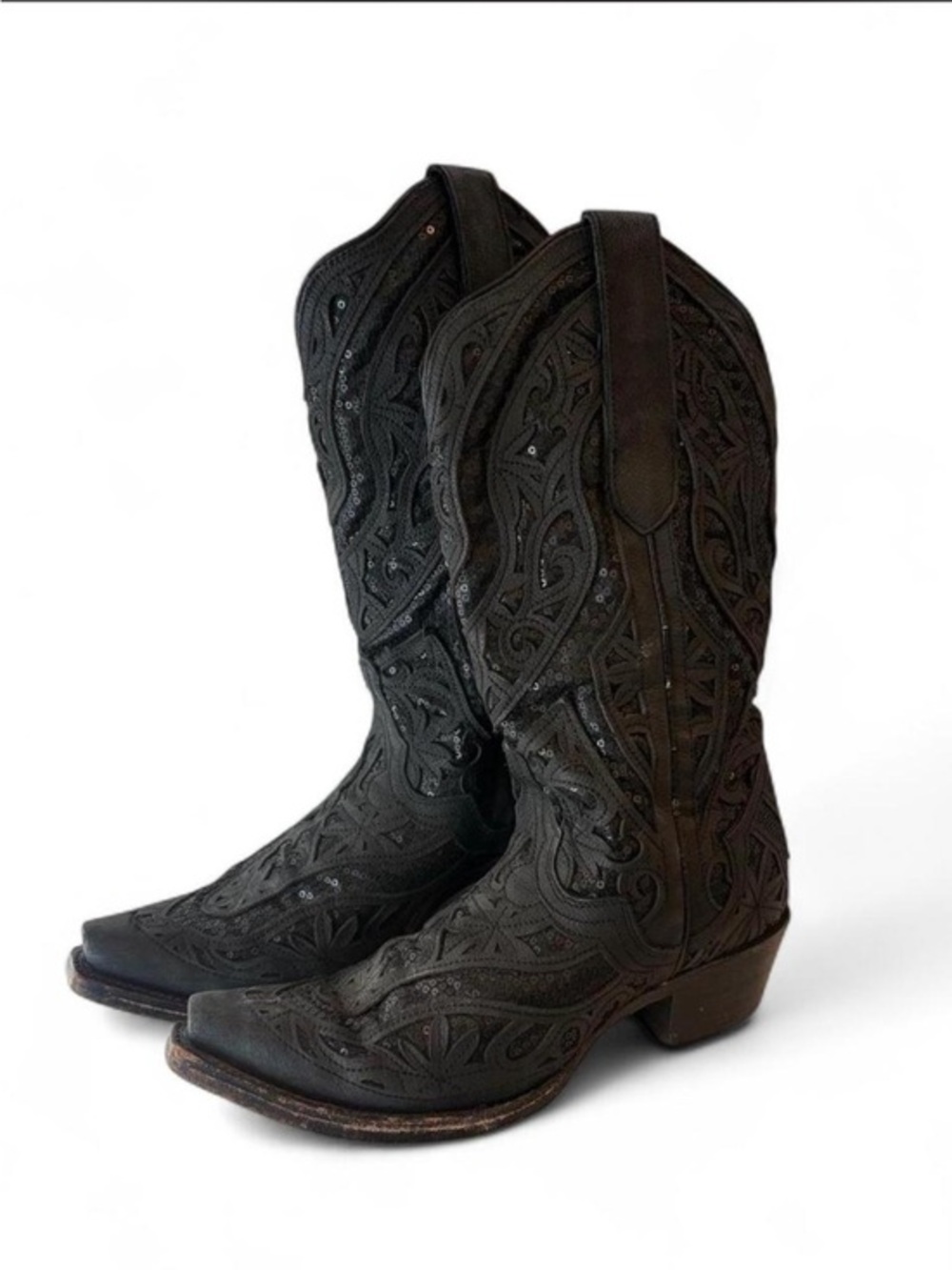 J.B Dillion Black Leather Sequin Overlay Western Snip Toe Boots Mens 7.5